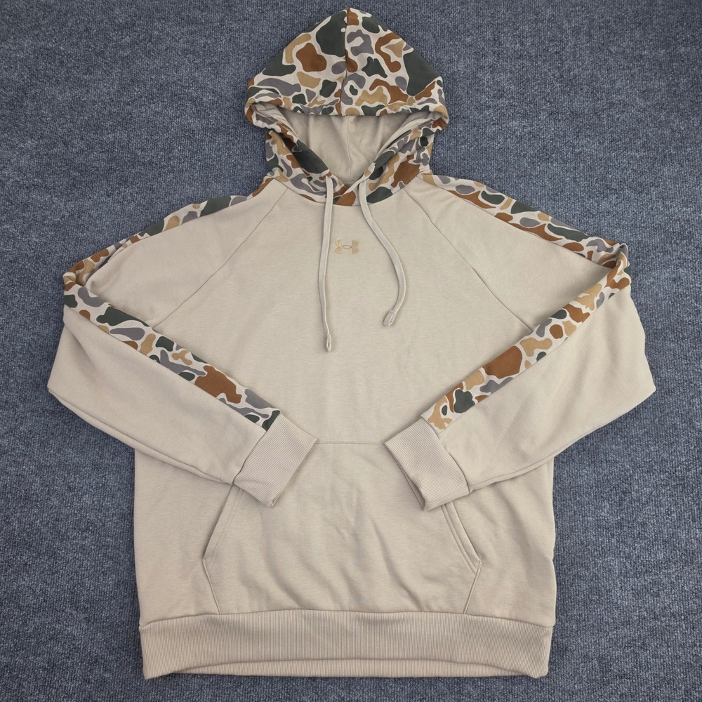 Under Armour Rival Fleece Camo Hoodie Men's L Tan Beige Color Block 1388087 Hunt